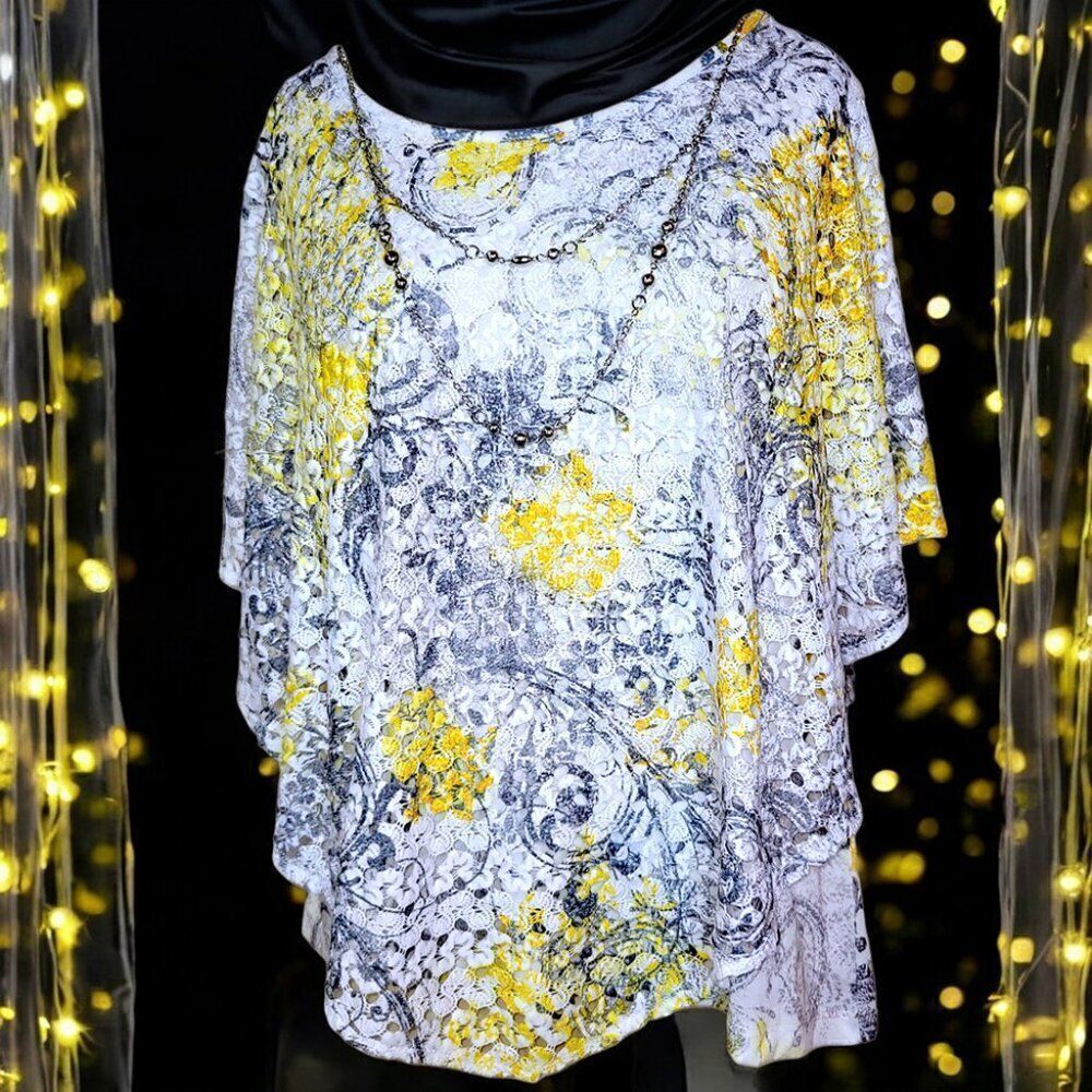 Alfred Dunner white yellow lace butterfly silver chain top